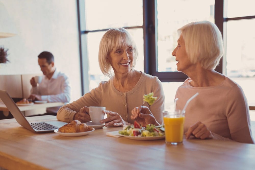 friendly,chat.,two,charming,elderly,women,sitting,at,the,counter