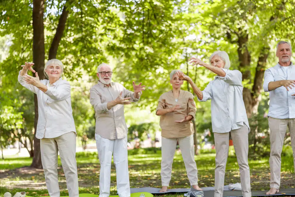 group,of,senior,people,attending,chi,kung,class,outdoors,stock