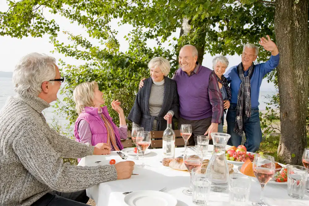 three,cheerful,senior,couples,greeting,each,other,with,smiles,while
