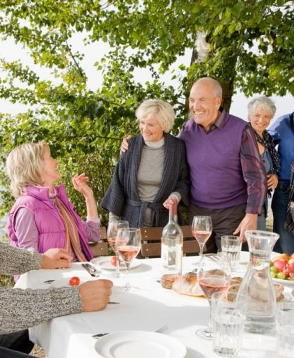 three,cheerful,senior,couples,greeting,each,other,with,smiles,while
